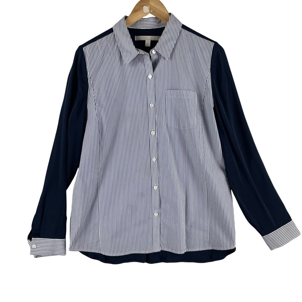 Nordstrom Collection WMNS Mixed Media Silk/Cotton Blouse SZ M Navy Striped